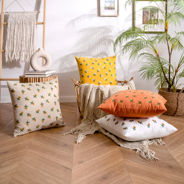 EMEMA Decorative Linen Pillow Covers Embroidered Flowers Throw Pillow Covers Floral Farmhouse Cushion Cases Square Pillowcases for Sofa Couch 2 Pack