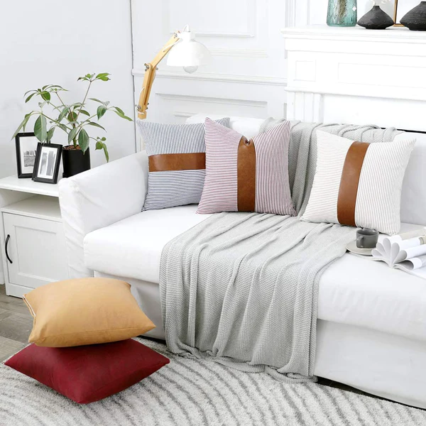 EMEMA Stripe Boho Throw Pillow Covers Decorative Square Farmhouse Pillowcase Faux Leather Accent Couch Case 2 Pack