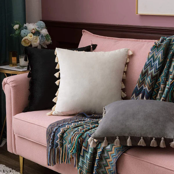 Miulee Throw Pillow Cover with Tassels Fringe Velvet Soft Boho Accent Cushion Case 2 Pack